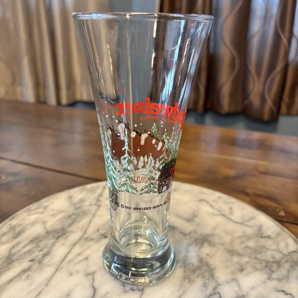 VTG 1992  Budweiser Collectible Tall Flute Pilsner Beer Glass Clydesdale Holiday